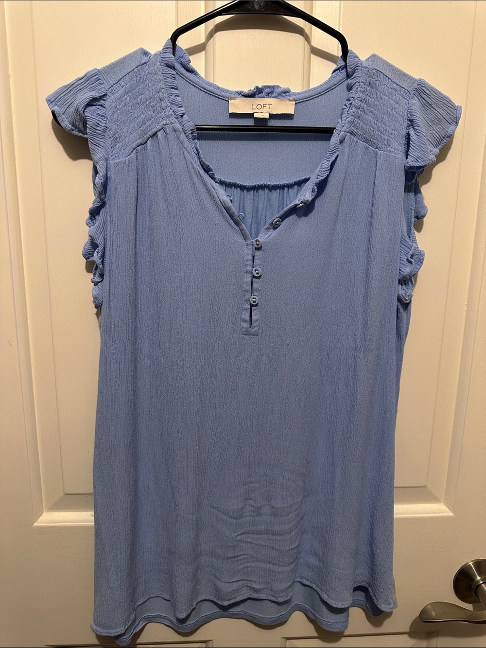 LOFT Light Blue Ruffle Cap Sleeve Henley Top